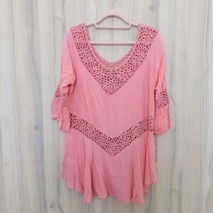 VTG Womens Crochet Blouse Pink V Neck Tunic 3/4 Sleeve Boho Coastal Lightweight